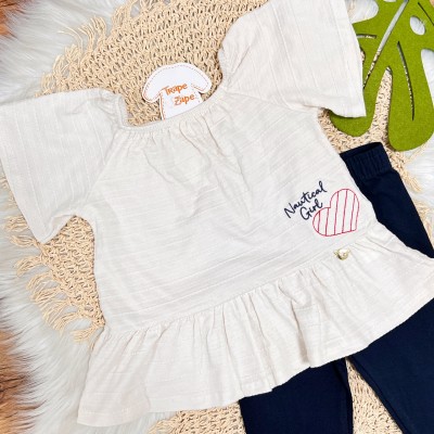 Conj. Blusa Nautical Girl e Calça Legging - Areia e Preto